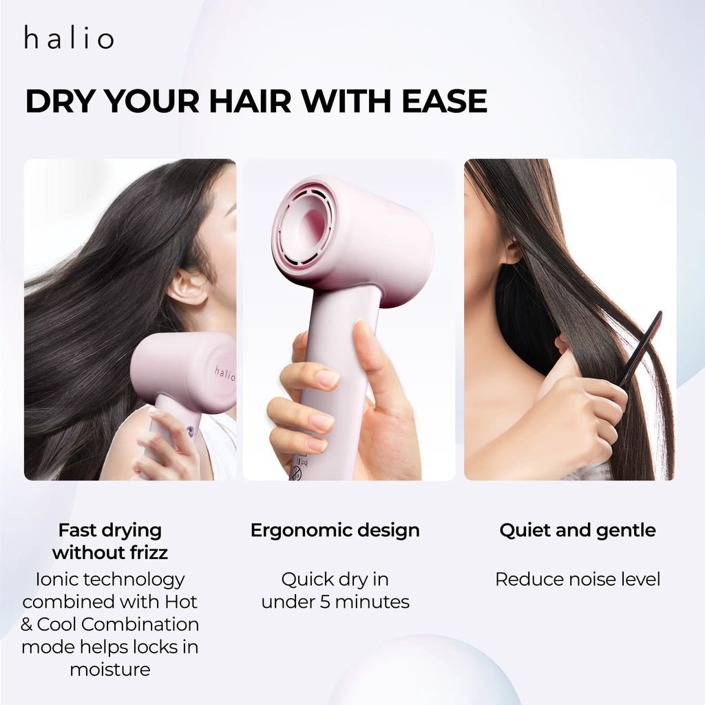 Halio High Speed Ionic Hair Dryer - Dry Your Hair With Ease: Fast drying without frizz (Ionic technology combined with Hot & Cool Combination mode helps lock in moisture), Ergonomic design (Quick dry in under 5 minutes), Quiet and gentle (Reduce noise level)