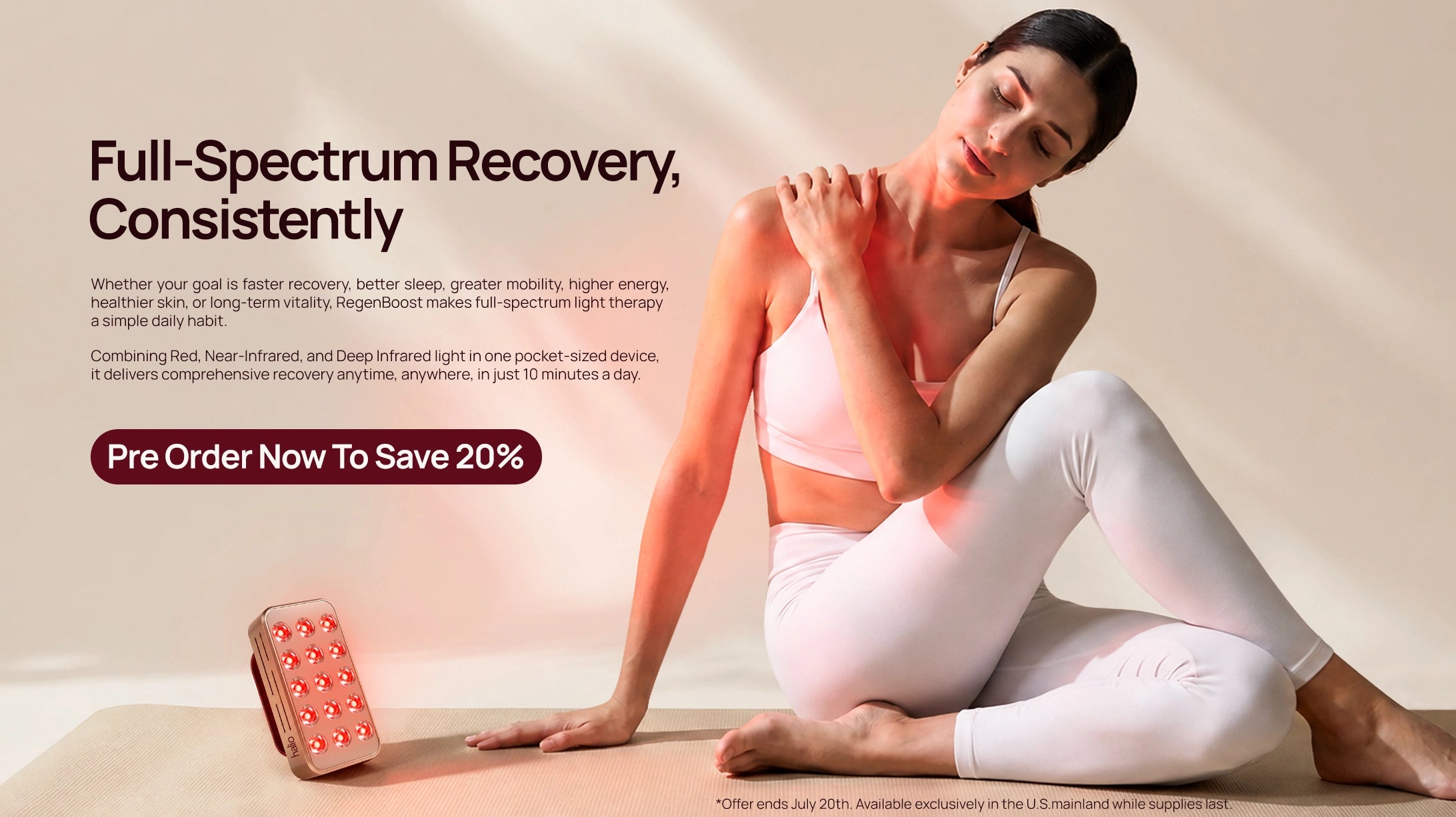 Woman using a full-spectrum recovery device on her arm with promotional text.