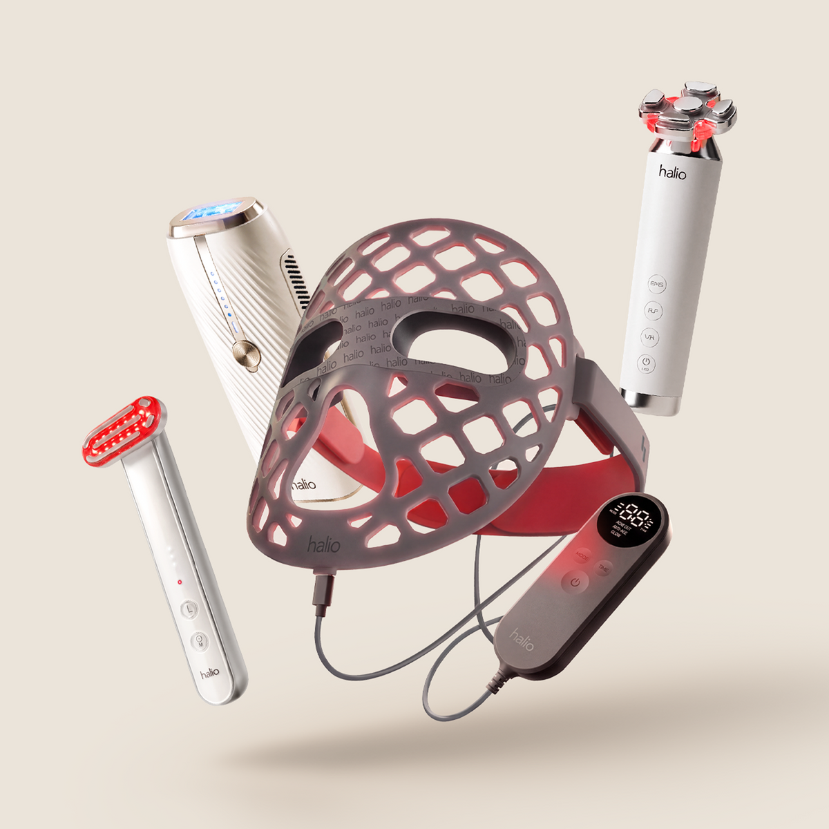 Halio The Longevity Ritual Kit with LED face mask and four handheld skincare devices floating against a beige background