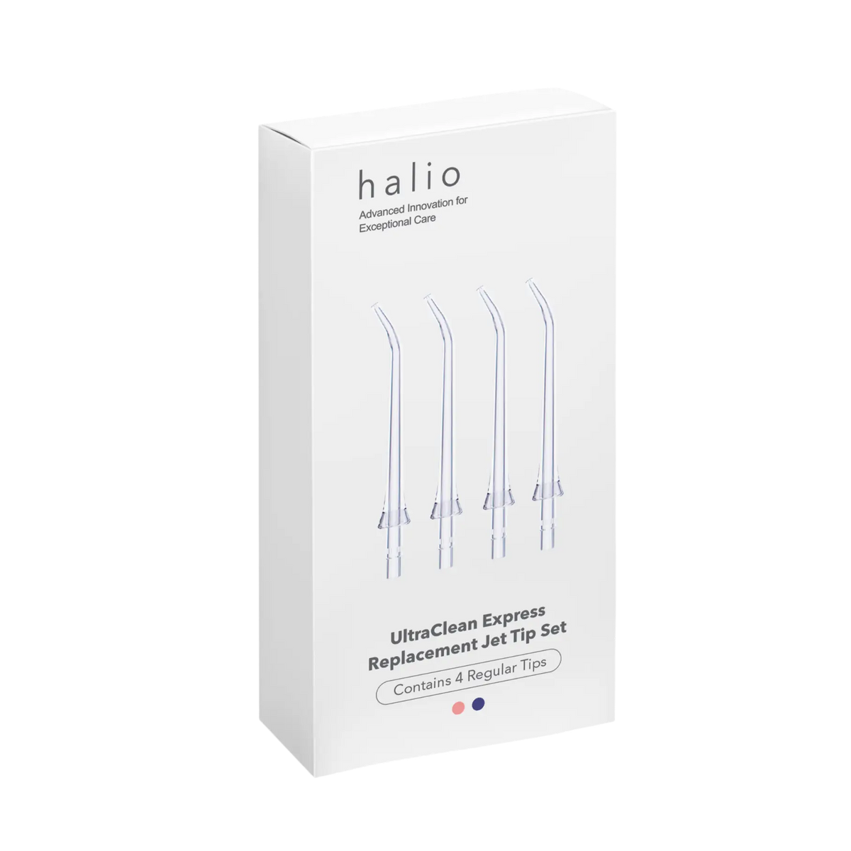 Halio UltraClean Express Replacement Jet Tip Set box with four regular tips and product branding.