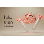 Halio $100 e-gift card with product images on a beige background