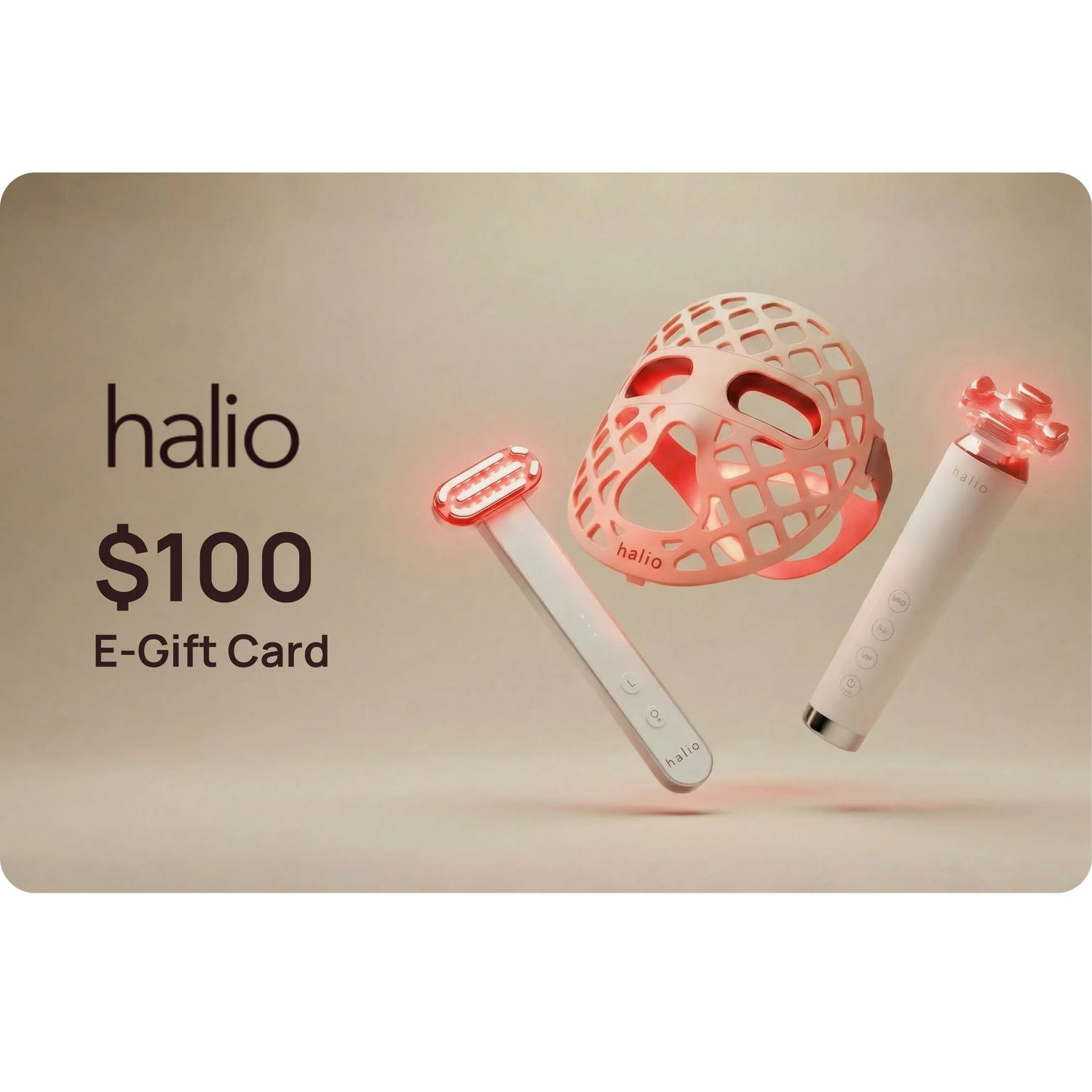Halio $100 e-gift card with product images on a beige background