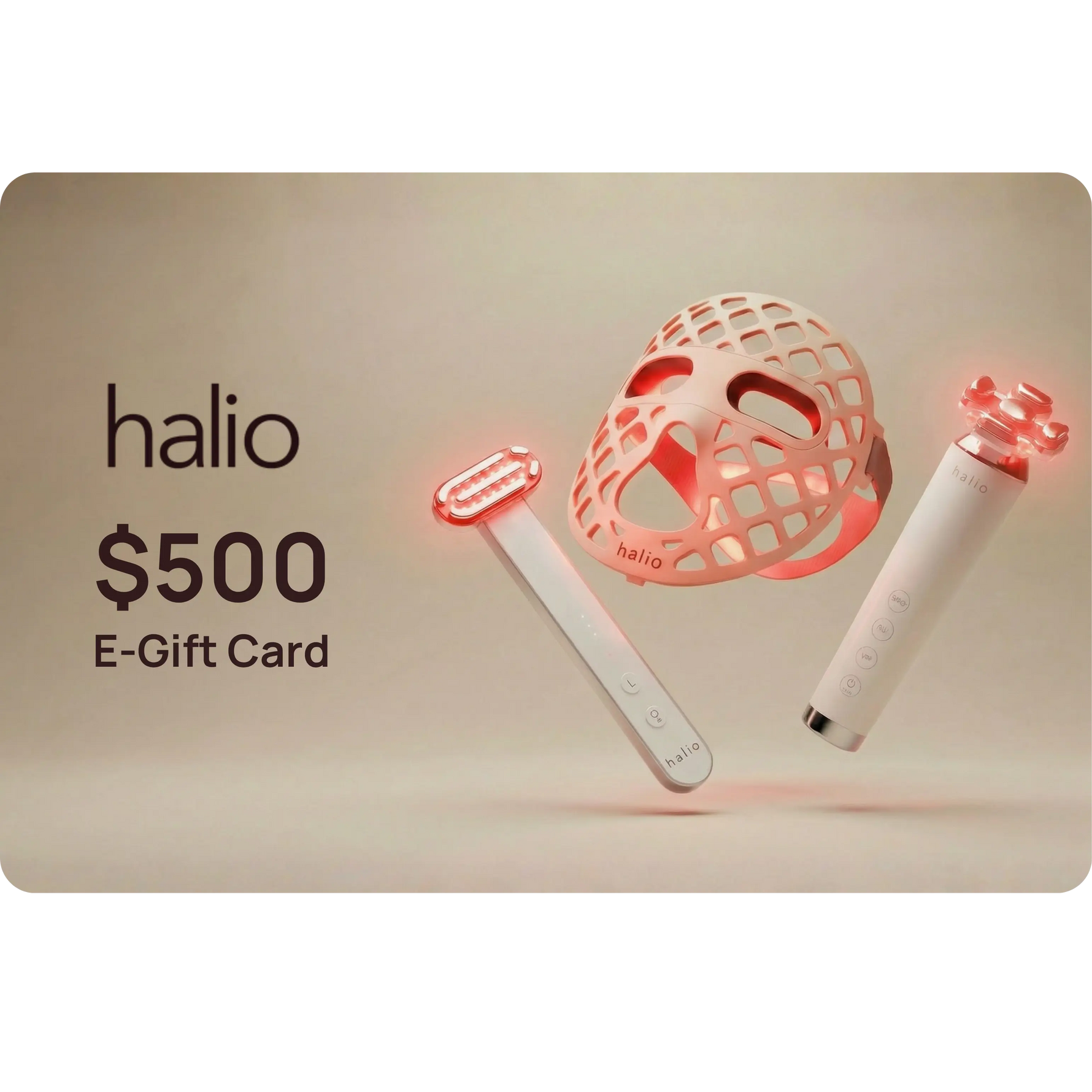 Halio $100 e-gift card with product images on a beige background