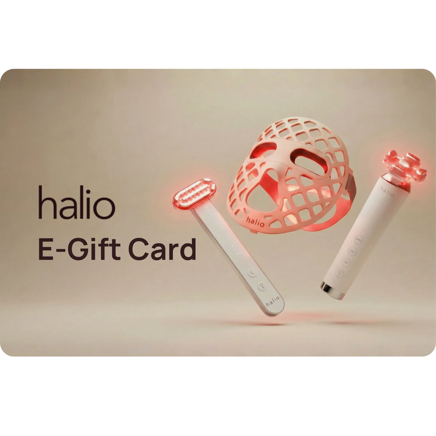 halio E-Gift Card with product illustrations on a beige background