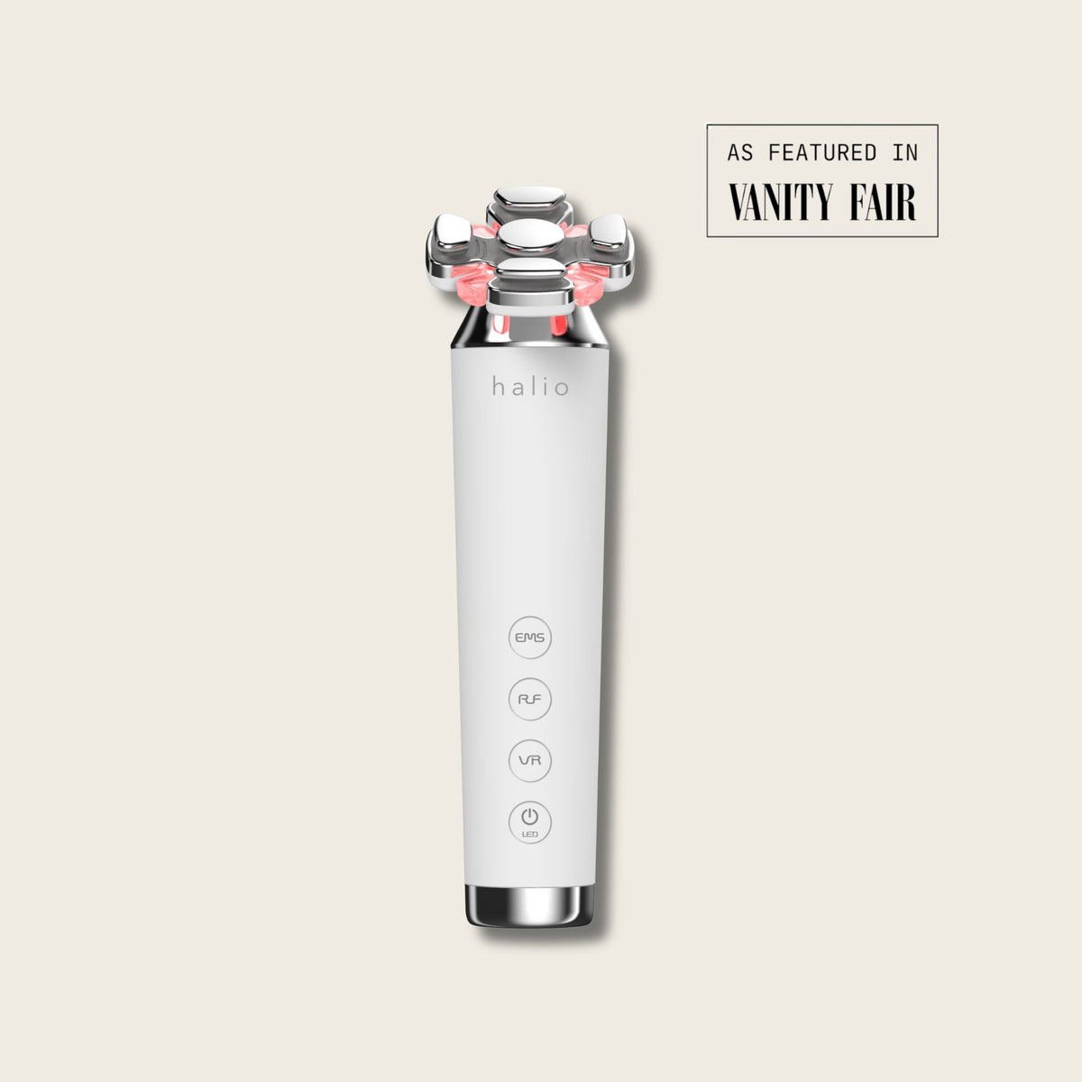 Halio RevitaWave skincare wand with four treatment heads and red lights, labeled EMS, RF, VR, and LED; As Featured in Vanity Fair