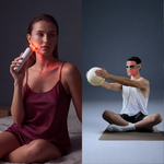 Woman using a glowing red LED facial device beside a seated man holding a ball with a patterned facial mask.