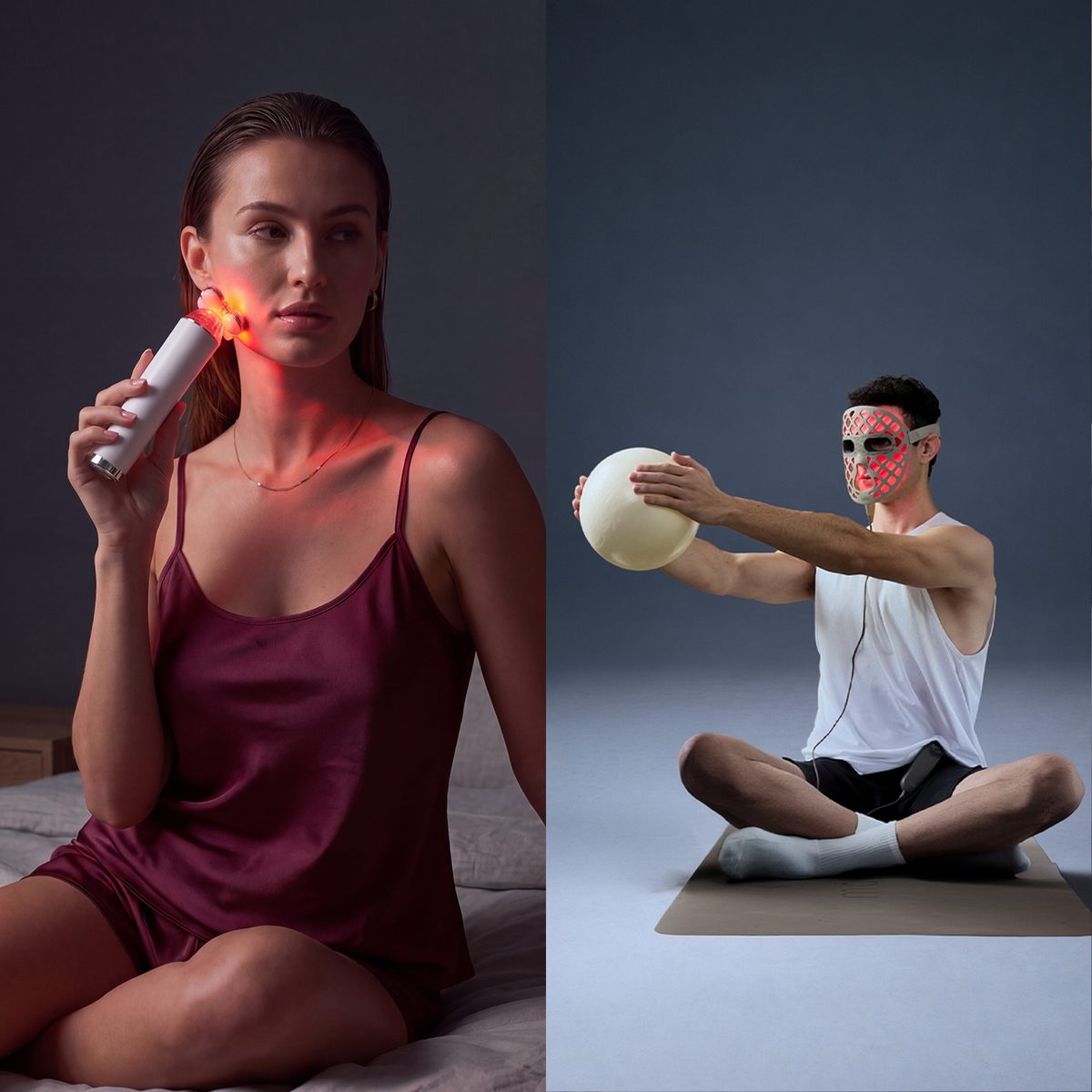 Woman using a glowing red LED facial device beside a seated man holding a ball with a patterned facial mask.