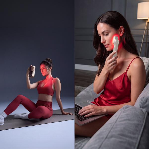 Split image showing a woman using a red light therapy panel after exercise and another using a Halio face wand.