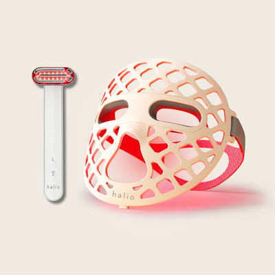 Halio Lift & Light Duo with a red light sculpting wand and white silicone LED face mask.