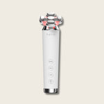Halio RevitaWave 4-in-1 facial skincare wand with metallic treatment head and EMS, RF, VR, and LED controls.