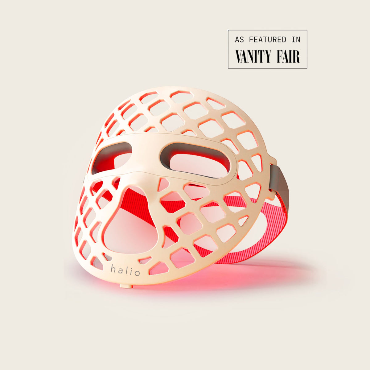 Halio PureGlow Ultralite Silicone LED Face Mask with red LED light, shown beside an “As Featured in Vanity Fair” badge.