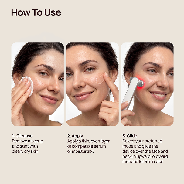 How To Use: cleanse, apply serum, then glide Halio red light therapy wand upward and outward for 5 minutes.