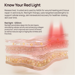 “Know Your Red Light” graphic showing red light penetrating layered skin, with text “Red light - 630nm”