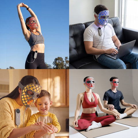 Four people wear Halio PureGlow LED face masks during stretching, laptop work, family time, and meditation.