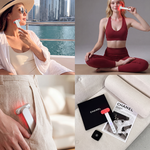 Halio red light therapy wand shown in use on a face, waist, and beside its Chanel-branded packaging.
