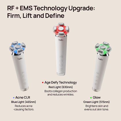 Halio Complete Longevity Set with three devices: blue, red, and green light therapies; “Firm, Lift and Define.”