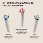 Halio RF + EMS Technology Upgrade: Firm, Lift and Define, showing blue, red, and green LED skincare wands.