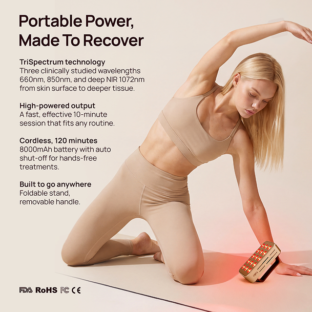 “Portable Power, Made To Recover” banner showing a woman using a handheld red light therapy panel.