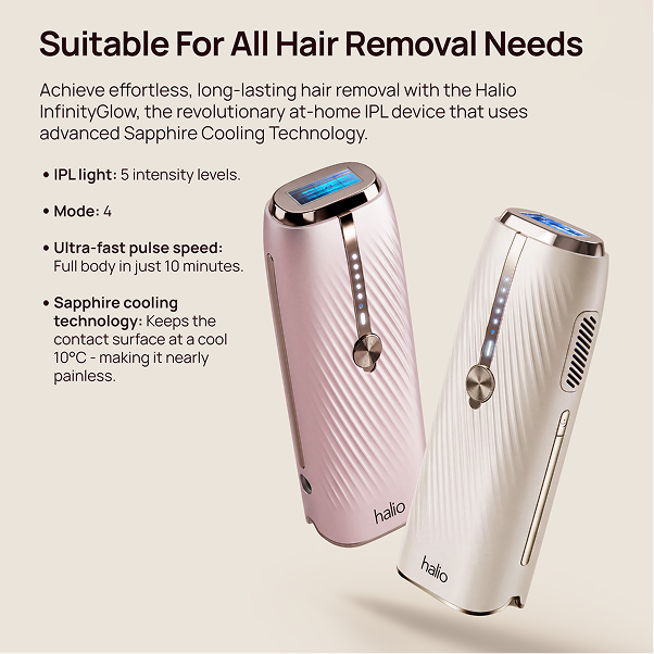 Halio InfinityGlow IPL hair removal banner with pink and white devices and text “Suitable For All Hair Removal Needs.”