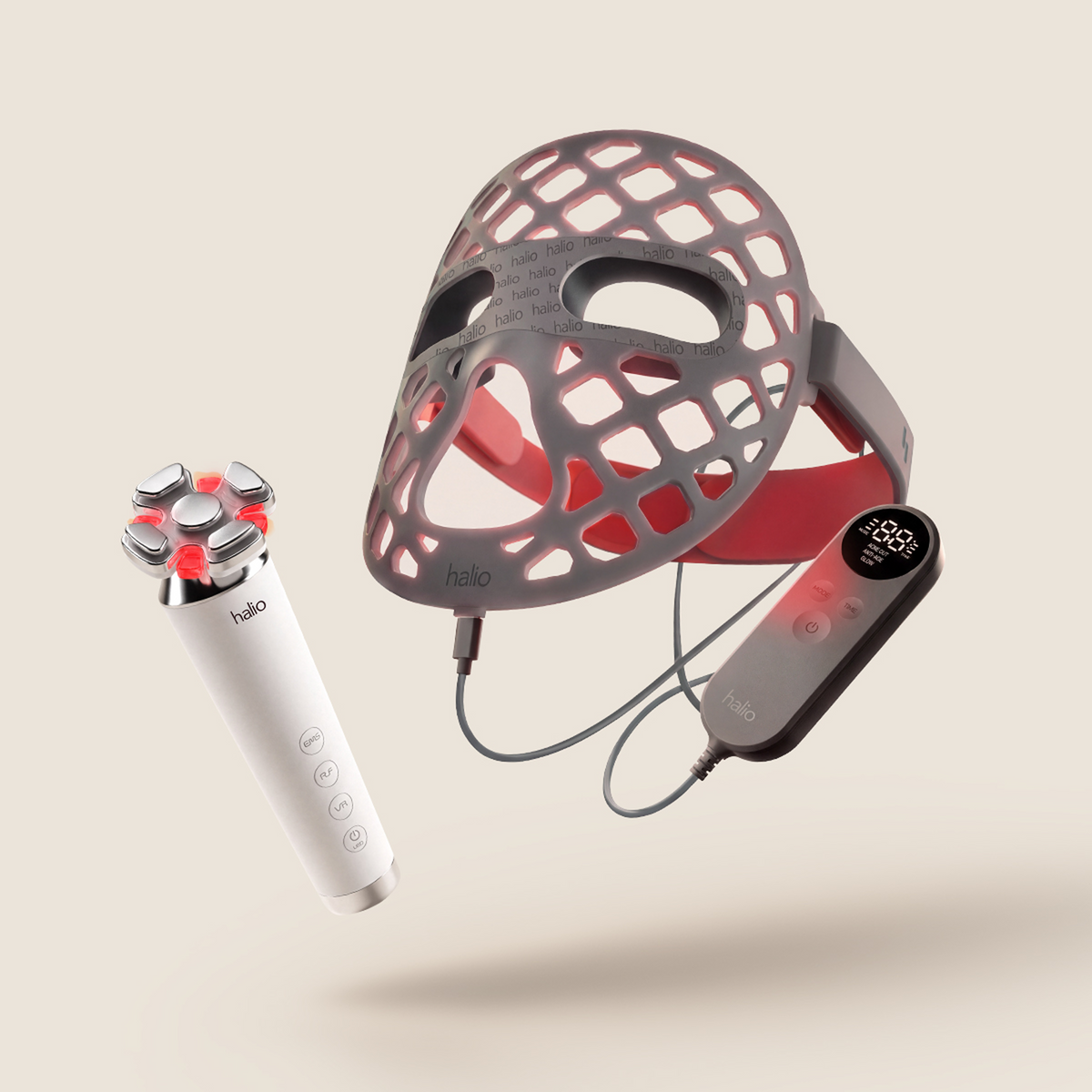 Halio GLP-1 Skin Set with silicone LED face mask and handheld RevitaWave skin rejuvenator with red-lit treatment heads