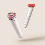 Halio The Most Wanted Duo with a white facial cleansing device and red LED skincare wand floating against a beige background