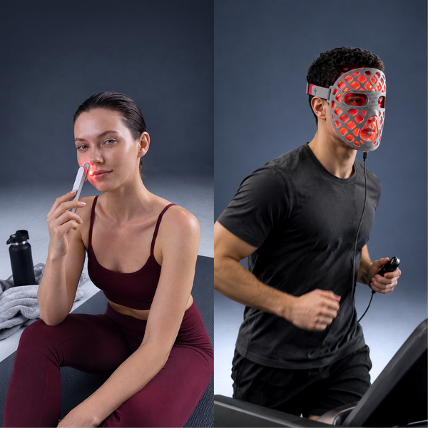 Woman using a red light therapy wand while man wears a red LED face mask on a treadmill.