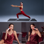 Three-panel image showing a woman in a red workout outfit and two women using Halio facial beauty devices.