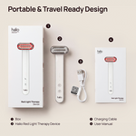 Lift & Light Duo Pro by Halio: portable red light therapy device, boxes, charging cable, and user manual; “Portable & Travel Ready Design” banner.