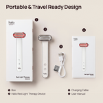 Portable & Travel Ready Design: Halio Red Light Therapy Device with box, charging cable, and user manual.