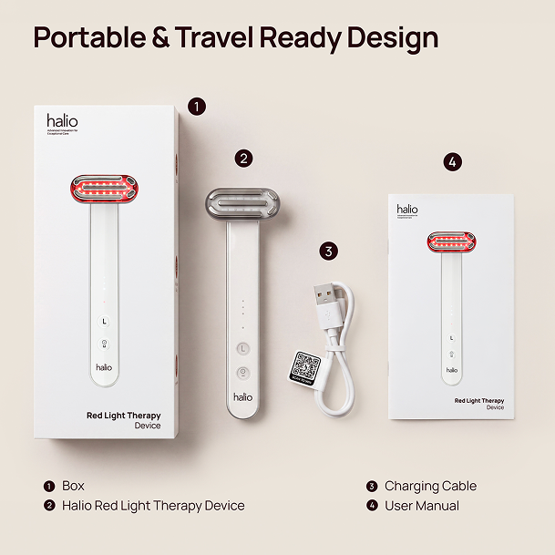 Portable & Travel Ready Design: Halio Red Light Therapy Device with box, charging cable, and user manual.