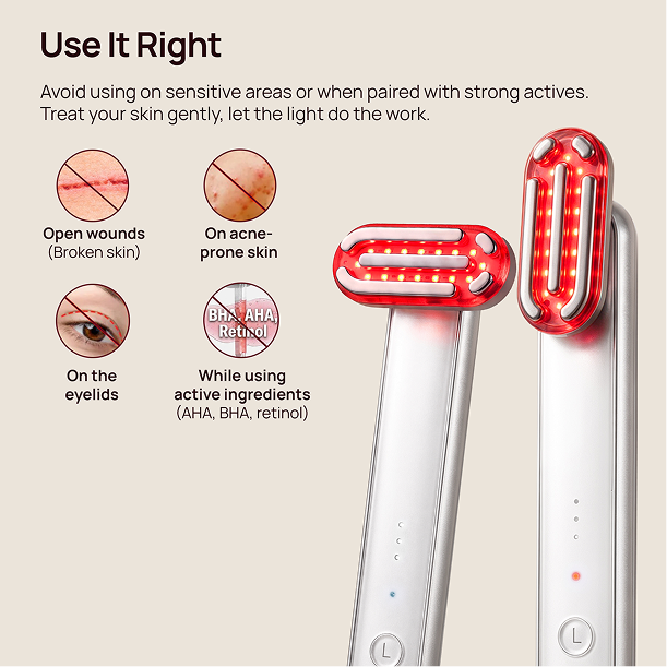 Halio red light therapy wands with LED heads and safety guidance text for open wounds, acne-prone skin, eyelids, and active ingredients.