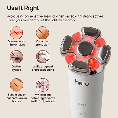 Halio device beside “Use It Right” warnings for open wounds, acne-prone skin, eyelids, pregnancy, and active ingredients.