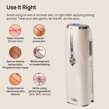 Halio Sonic device beside “Use It Right” guidance listing skin conditions and active ingredients to avoid.