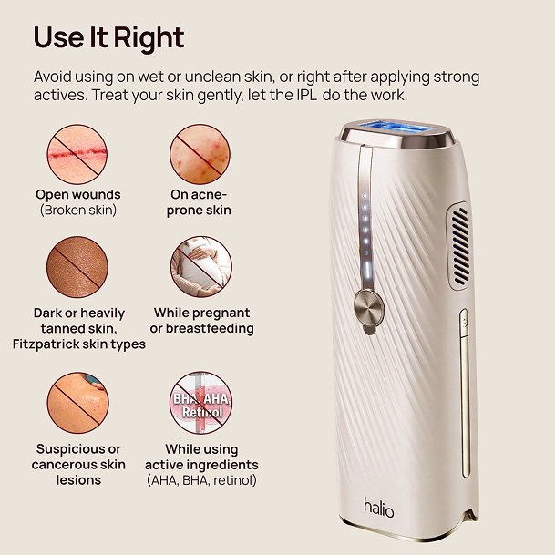 Halio IPL hair removal device beside “Use It Right” guide listing skin-use warnings.