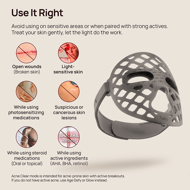 Halio LED face mask beside “Use It Right” safety guidance for sensitive or compromised skin.