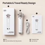 Portable & Travel Ready Design: Halio RejuvaWave Skin Rejuvenator, two boxes, charging cable, and user manual.