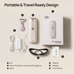 Portable & Travel Ready Design banner showing Halio InfinityGlow IPL device, box, razor, adapter, glasses, and user manual.