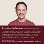 Dermatologist Approved Skin Longevity Technology banner featuring Dr. Ted Lain, MD, MBA, recommending Halio.