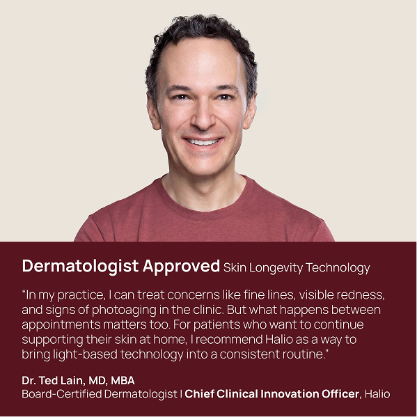 Dr. Ted Lain portrait with banner reading “Dermatologist Approved Skin Longevity Technology” and Halio endorsement.