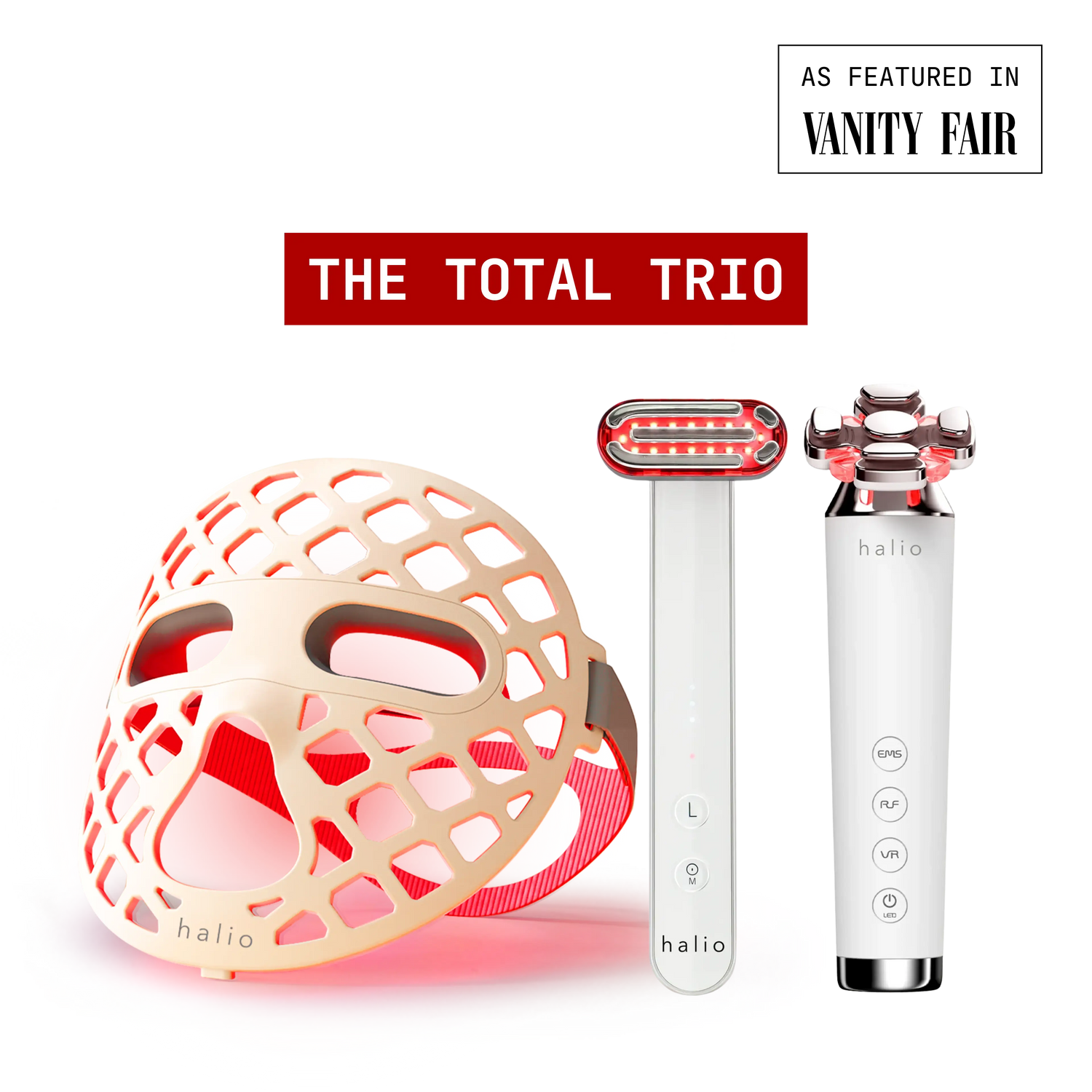 Bundle - The Total Trio - 1x Halio PureGlow Ultralite Silicone LED Face Mask, 1x Halio Red Light Therapy Device and 1x Halio RevitaWave Skin Rejuvenator