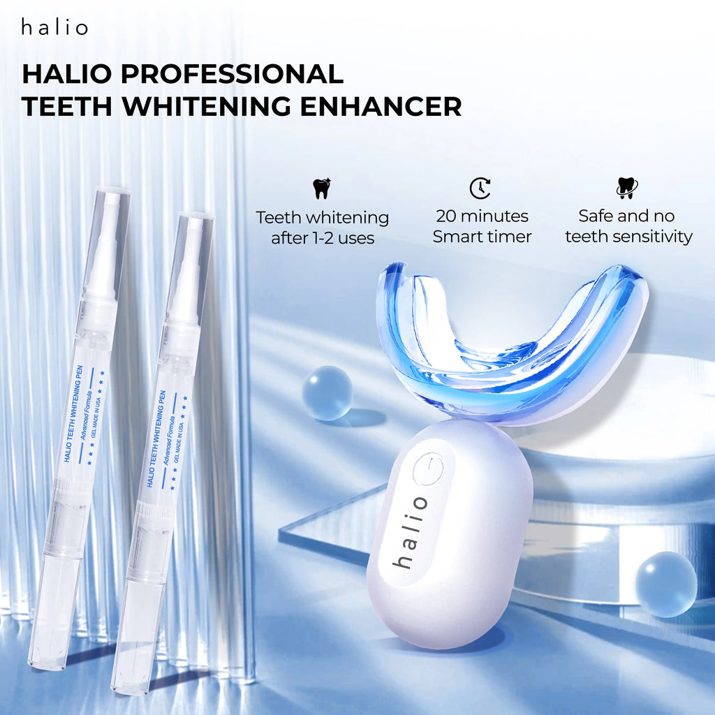 HALIO PROFESSIONAL TEETH WHITENING ENHANCER DESIGN - Compact and portable design for home, office, or travel use - Pen-style whitening gel for easy application - Medical-grade silicone teeth tray for a custom fit - Easy-to-hold and user-friendly design