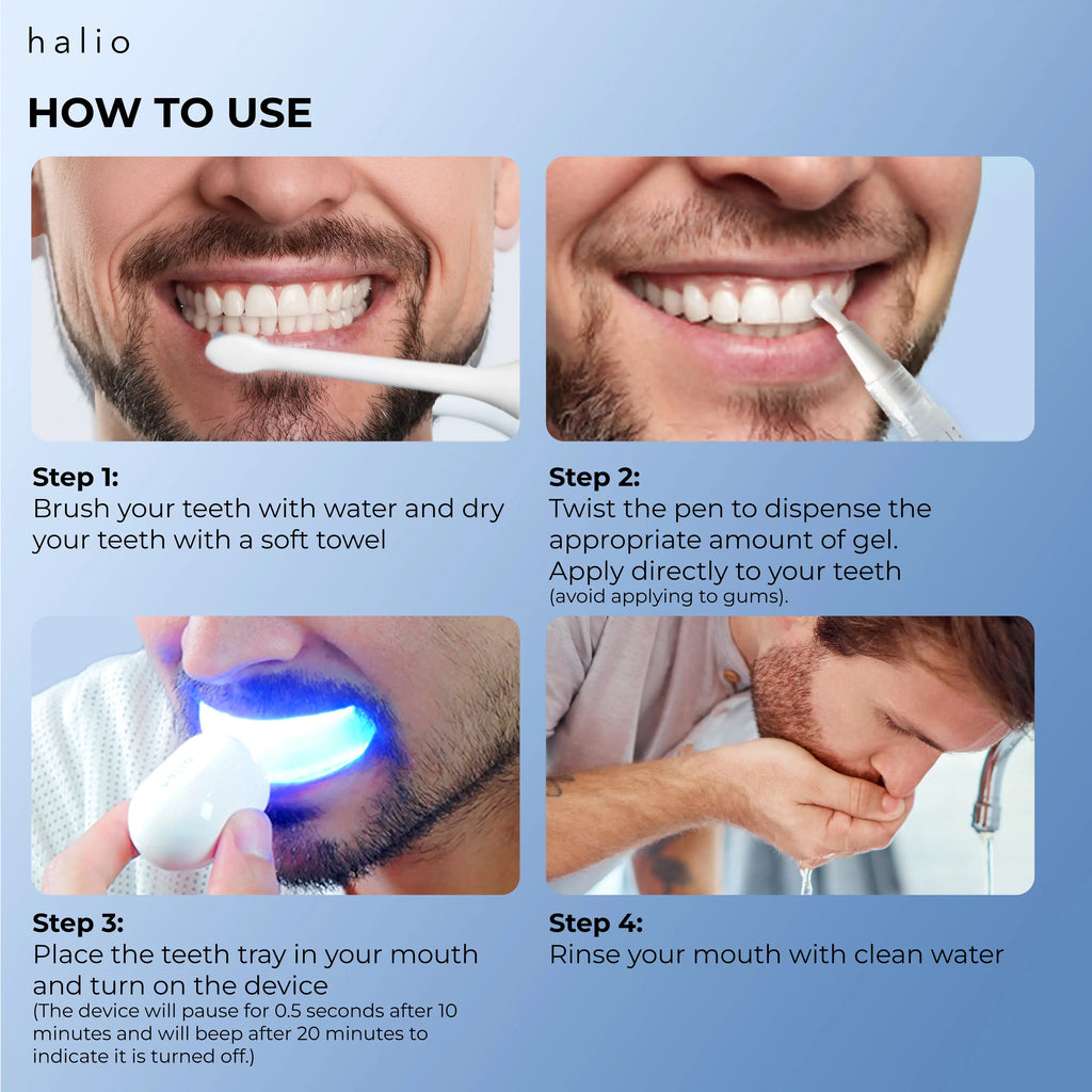 HOW TO USE -Step 1 - Brush your teeth with water and dry your teeth with a soft towel - Step 2 - Twist the pen to dispense the appropriate amount of gel. Apply directly to your teeth (avoid applying to gums). - Step 3 - Place the teeth tray in your mouth and turn on the device. - (The device will pause for 0.5 seconds after 10 minutes and will beep after 20 minutes to indicate it is turned off.) - Step 4 - Rinse your mouth with clean water