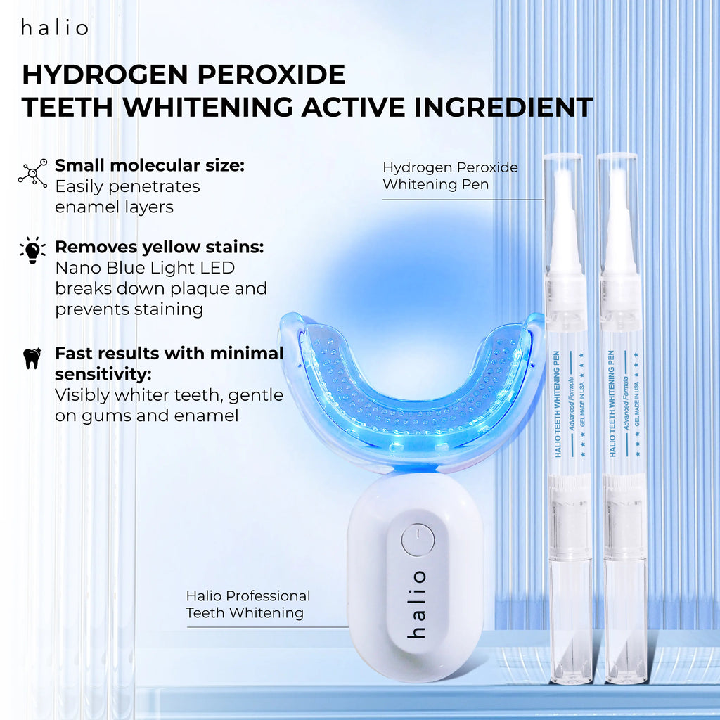 HYDROGEN PEROXIDE TEETH WHITENING ACTIVE INGREDIENT - Small molecular size - Easily penetrates enamel layers - Removes yellow stains - Nano Blue Light LED breaks down plaque and prevents staining - Fast results with minimal sensitivity - Visibly whiter teeth, gentle on gums and enamel