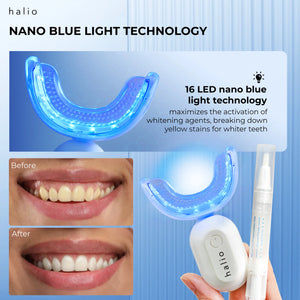 NANO BLUE LIGHT TECHNOLOGY - 16 LED nano blue light technology - maximizes the activation of whitening agents, breaking down yellow stains for whiter teeth