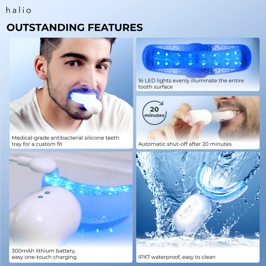 OUTSTANDING FEATURES - 16 LED lights evenly illuminate the entire tooth surface - Medical-grade antibacterial silicone teeth tray for a custom fit - Automatic shut-off after 20 minutes - 300mAh lithium battery, easy one-touch charging - IPX7 waterproof, easy to clean