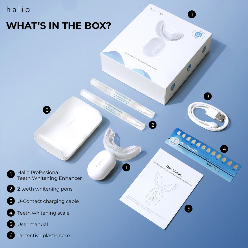 WHAT'S IN THE BOX? - Halio Professional Teeth Whitening Enhancer - 2 Teeth whitening pens - U-Contact charging cable - Teeth whitening scale - User manual - Protective plastic case