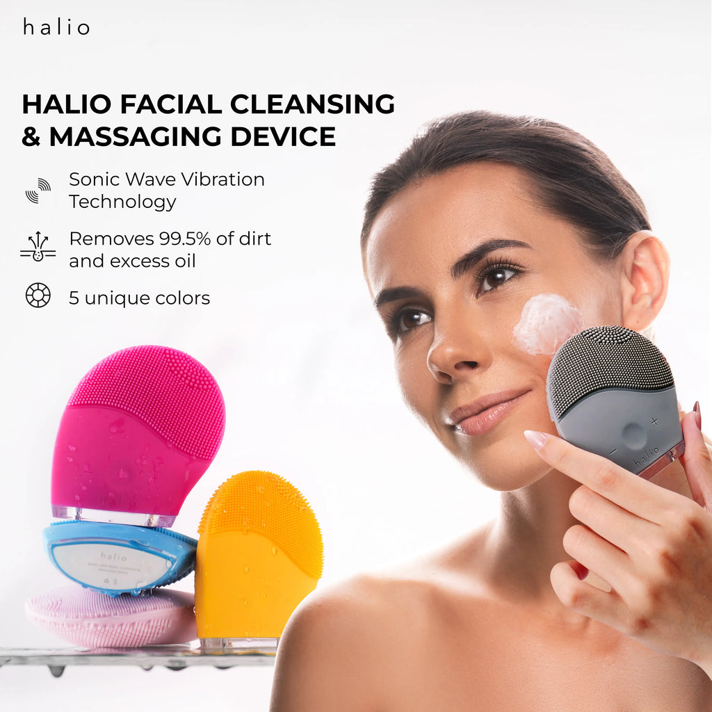 HALIO FACIAL CLEANSING & MASSAGE DEVICE - Sonic Wave Vibration Technology - Removes 99.5% of dirtand excess oil - 5 unique colors