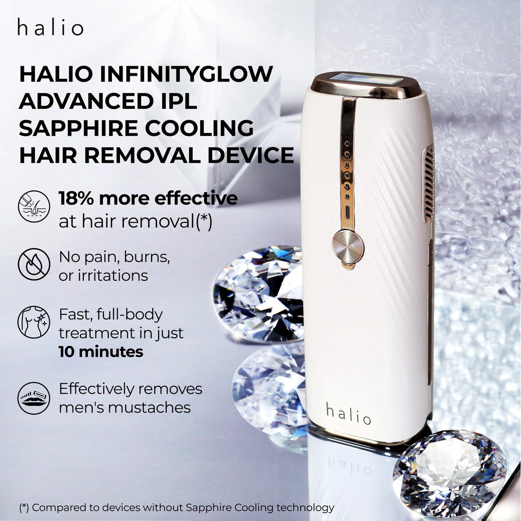 Halio InfinityGlow Advanced IPL Sapphire Cooling Hair Removal Device - 18% more effective at hair removal - No pain, burns, or irritations - Fast, full-body treatment in just 10 minutes - Effectively removes men's mustaches