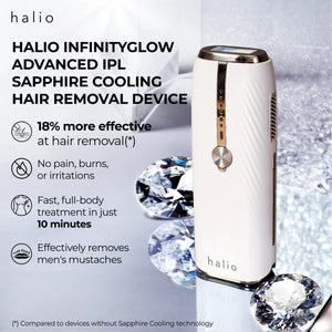 Halio InfinityGlow Advanced IPL Sapphire Cooling Hair Removal Device - 18% more effective at hair removal - No pain, burns, or irritations - Fast, full-body treatment in just 10 minutes - Effectively removes men's mustaches