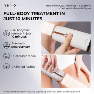 Halio InfinityGlow Advanced IPL Sapphire Cooling Hair Removal Device - Full body hair removal in just 10 minutes - Automatic smart sensor - Dual pulses mode - Unlimited flashes